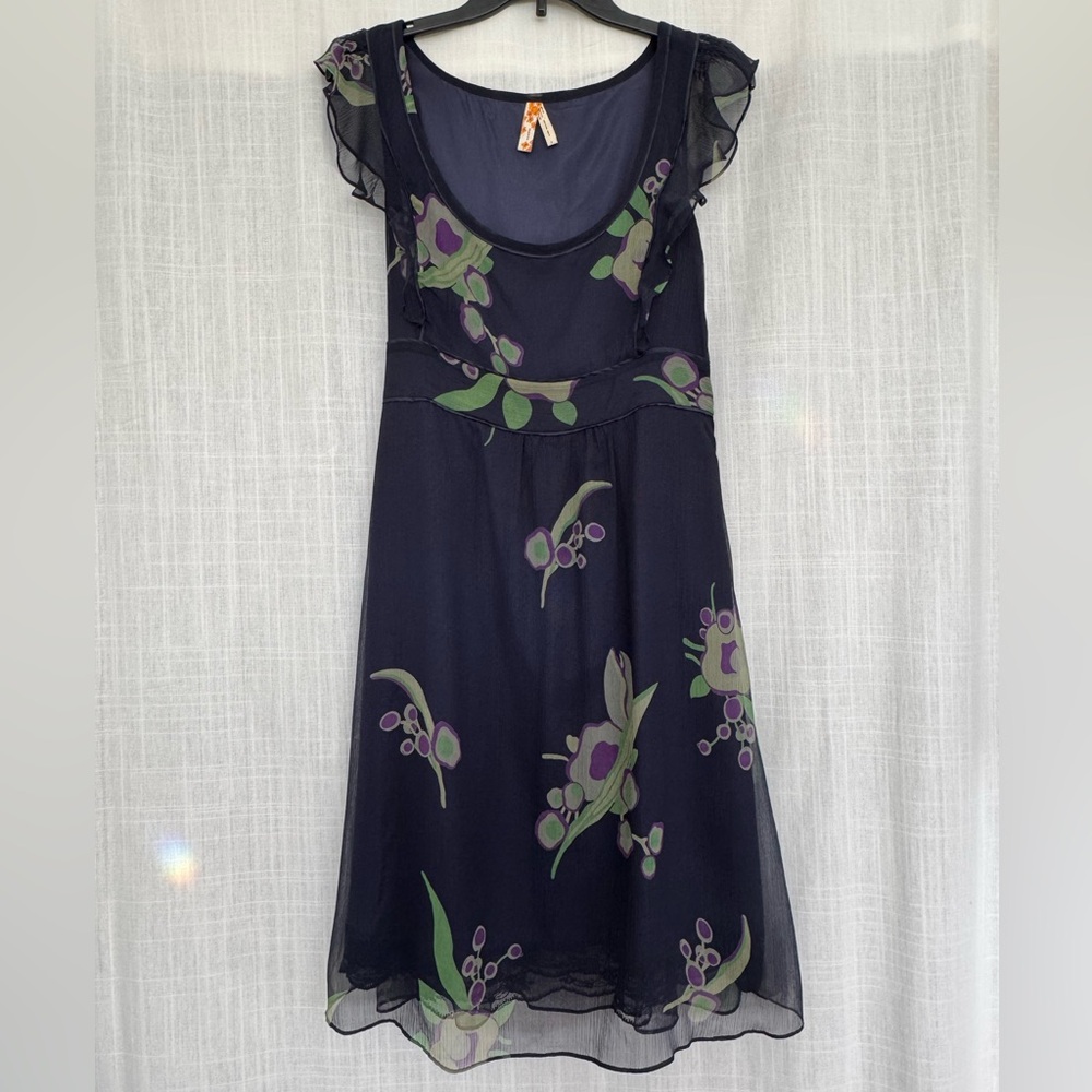 Maeve 90s-Y2K Navy Floral Silk Dress Size 8 Excellent Condition
